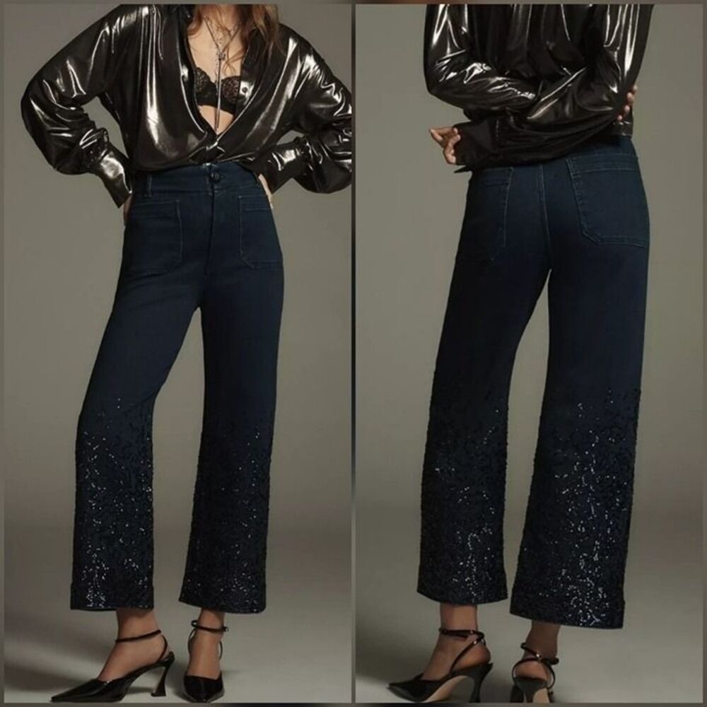 Anthropologie Maeve The Colette Cropped High-Rise Wide-Leg Sequin Sparkle 29P
